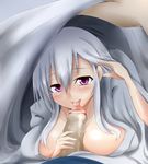  breast_rest breasts censored cleavage fellatio hair_tucking highres huge_breasts licking lifting_covers long_hair mitsuru_(madeinore) oral penis pov purple_eyes silver_hair smile solo_focus under_covers vocaloid yowane_haku 