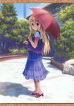  absurdres bag blonde_hair blue_eyes blush casual eyebrows from_behind goto_p handbag highres huge_filesize k-on! kotobuki_tsumugi long_hair looking_back sandals scan shade skirt smile solo tree umbrella 