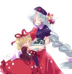  amo blonde_hair blue_hair bouquet bow braid closed_eyes dress flower grey_hair hair_bow hair_ribbon hat hug lily_of_the_valley long_hair medicine_melancholy multiple_girls nurse_cap ribbon silver_hair sketch smile su-san touhou very_long_hair wings yagokoro_eirin 