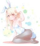  1girl :o animal_ears arm_support arm_up armpits bangs blonde_hair blue_leotard blush bunny_ears bunny_girl bunny_tail circle collarbone curled_fingers eyebrows_visible_through_hair fate/stay_night fate_(series) fishnet_pantyhose fishnets hand_in_hair highres illyasviel_von_einzbern leotard long_hair looking_at_viewer no_shoes pantyhose parted_bangs red_eyes satanaka_kuroha sitting solo strapless strapless_leotard tail unmoving_pattern very_long_hair white_background yokozuwari 