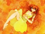  blue_eyes breasts cleavage dress feet highres kobayashi_yuuji legs long_hair long_legs medium_breasts neon_genesis_evangelion orange_background red_hair solo souryuu_asuka_langley wallpaper yellow_dress 