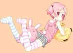  animal_hood bunny_hood bunny_tail feet full_body hood looking_back lying meito_(maze) no_shoes original pillow pink_eyes pink_hair short_hair short_twintails shorts solo striped striped_legwear stuffed_animal stuffed_bunny stuffed_toy tail thighhighs twintails 