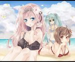  :i bad_id bad_pixiv_id bandeau beach bikini breast_envy breasts brown_hair cleavage cloud colored_eyelashes day eyelashes flower frilled_bikini frills front-tie_top hair_flower hair_ornament halter_top halterneck hatsune_miku hibiscus long_hair looking_at_viewer lying medium_breasts megurine_luka meiko mikipa multiple_girls on_stomach outdoors pink_hair shaded_face swimsuit twintails vocaloid 