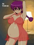  belly breasts happy huge_belly huge_breasts lingerie megane navel poorly_tagged pregnant purple-hair ready_to_pop see-through_clothing smile standing tagme waki 