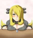  :3 blonde_hair blush breast_rest breasts cleavage feather_boa fur_trim hair_ornament hair_over_one_eye large_breasts long_hair looking_at_viewer pokemon pokemon_(game) pokemon_dppt poko_chin shirona_(pokemon) silver_eyes solo 