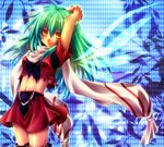  arms_up bad_id bad_pixiv_id dark_skin emerada_(xenogears) green_hair midriff minatosaiga scarf skirt smile solo xenogears yellow_eyes 