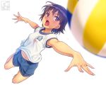  1girl armpit_peek artist_logo artist_name bangs black_hair blue_shorts blurry blurry_foreground blush breasts brown_eyes clothes_writing depth_of_field dress eyebrows_visible_through_hair full_body girls_und_panzer gym_shirt gym_shorts gym_uniform isobe_noriko midair navel open_mouth outstretched_arm pairan shirt short_hair short_sleeves shorts simple_background small_breasts solo v-shaped_eyebrows volleyball white_background 