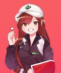  1girl :d acronym arm_sling bandaid bandaid_on_face bangs baseball_cap blush breasts broken_arm brown_eyes brown_hair clothes_writing d.va_(overwatch) eyebrows eyebrows_visible_through_hair eyelashes grin hair_between_eyes hand_up hat heart highres hyuushire jacket long_hair looking_at_viewer open_mouth overwatch pink_background shooting_star_d.va signature simple_background smile solo upper_body white_hat 