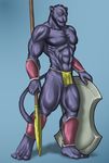  anthro armor black_panther bomb_(artist) feline loincloth male mammal muscles native panther pose shield solo standing topless underwear warrior weapon 