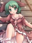  animal_ears bamboo bare_shoulders blush brown_dress cherry_blossoms dress green_eyes green_hair highres kasodani_kyouko lying lzh off_shoulder on_back open_mouth panties solo torn_clothes touhou underwear upskirt white_panties 