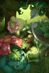  forest gen_1_pokemon gen_2_pokemon gen_3_pokemon gen_4_pokemon gen_5_pokemon kuroi-tsuki leaf log meganium nature no_humans pokemon pokemon_(creature) sceptile serperior sleeping sunlight toothpick torterra tree venusaur 