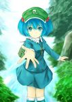  backpack bag blue_eyes blue_hair hair_bobbles hair_ornament hat kawashiro_nitori key kumomiya outstretched_arm outstretched_hand reaching short_hair smile solo touhou two_side_up 