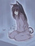  animal_ears barefoot black_hair brown_hair copyright_request kawata_hisashi long_hair pajamas sitting solo tail wariza 