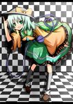  bad_id bad_pixiv_id blush checkered checkered_background checkered_floor eyeball green_eyes green_hair hat hat_tip heart heart_of_string highres komeiji_koishi open_mouth pigeon-toed shinekalta short_hair skirt smile solo third_eye touhou 