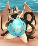  ball beach bikini clothed clothing ear_piercing facial_piercing feline female horn hybrid interspecies jewelry kace mammal nose_piercing nose_ring ocean outside piercing sea seaside see_through skimpy solo spazzykoneko swimsuit translucent water wings 