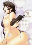  2009 areolae ayamine_kei bra calendar choker gun makishima_azusa mouth_hold muvluv weapon 