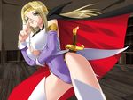  1girl blonde_hair breasts cape circlet ikazuchi_no_senshi_raidy large_breasts legs leotard lightning_warrior_raidy lipstick long_hair long_legs makeup solo sword thighhighs thighs weapon white_legwear 