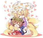  :3 :d animal_ears blonde_hair blush brown_hair cat_ears cat_tail chen chibi closed_eyes dress fox_tail happy hat heart heart_tail hug multiple_girls multiple_tails nekomata open_mouth red_dress sitting smile tail tail_hug touhou white_dress yakumo_ran yukimiya_(parupunta) 