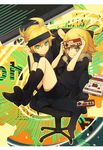  1boy 1girl :q ahoge aki_(mare_desiderii) blonde_hair brother_and_sister chair controller famicom formal fur_collar game_console game_controller green_eyes kagamine_len kagamine_rin kneehighs legs office_chair remote_control rimocon_(vocaloid) short_hair siblings sitting sitting_on_lap sitting_on_person smile symbol-shaped_pupils tongue tongue_out twins vocaloid 