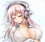  breasts cleavage headphones kouki_kuu large_breasts long_hair lying nitroplus pink_hair sleeping solo super_sonico 