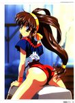  90s absurdres ass battle_athletes brown_eyes brown_hair gym_uniform hairband highres kanzaki_akari kawarajima_kou leotard long_hair looking_back low-tied_long_hair ponytail red_leotard ribbon solo straddling vaulting_horse wristband 