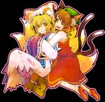  animal_ears black_background blonde_hair boots brown_eyes brown_hair cat_ears cat_tail chen earrings fox_tail haruo_(clownberry) hat high_heel_boots high_heels jewelry long_sleeves lowres multiple_girls multiple_tails pillow_hat shoes short_hair socks tail tassel touhou wide_sleeves yakumo_ran yellow_eyes 