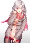  1boy black_legwear coat crop_top eyebrows_visible_through_hair ganov gradient gradient_background grey_coat grey_hair hair_between_eyes highres legwear_under_shorts long_hair long_sleeves looking_at_viewer male_focus midriff navel open_clothes open_coat open_shorts original pantyhose pantyhose_pull parted_lips red_eyes red_scarf red_shorts ribbed_sweater scarf short_shorts shorts shorts_pull sleeves_past_wrists solo stomach sweater trap 