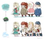  3girls alfonse_(fire_emblem) anna_(fire_emblem) armor blonde_hair blue_hair braid brother_and_sister brown_gloves cape closed_mouth coat crown crown_braid dated fire_emblem fire_emblem_heroes fjorm_(fire_emblem_heroes) fur_trim gloves goggles gradient_hair hood hood_up long_hair long_sleeves mittens multicolored_hair multiple_girls open_mouth ponytail red_hair robaco sharena short_hair siblings smile standing twitter_username 