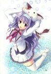  :3 :d absurdres amaha_miu arm_up breasts cat covered_nipples foreshortening headband highres kneeling large_breasts long_hair mashiroiro_symphony open_mouth pan-nya purple_eyes purple_hair ribbon sakai_hamachi school_uniform smile tail tail_ribbon thighhighs white_legwear 