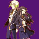  1girl ar_tonelico ar_tonelico_i black_hair hand_on_hip jakuri long_hair michitaka_ayatane multicolored_hair open_clothes purple_eyes red_eyes school_uniform short_hair simple_background skirt suzuoka_mizuki 