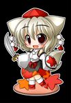  animal_ears bare_shoulders blush chibi detached_sleeves fang faux_figurine hat inubashiri_momiji leaf maple_leaf open_mouth red_eyes shield shinjitsu shirt silver_hair skirt smile solo sword tail tokin_hat touhou weapon wolf_ears wolf_tail 