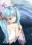  :o ahoge bad_id bad_pixiv_id bare_shoulders blue_eyes blue_hair cccpo denpa_onna_to_seishun_otoko futon hair_ribbon long_hair looking_back ribbon sky solo star_(sky) strap_slip touwa_erio twintails 