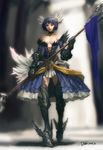  armor armored_dress bare_shoulders blue_hair bob_cut buckle dress druki gauntlets hair_ornament highres laces odin_sphere polearm solo strapless strapless_dress valkyrie weapon 