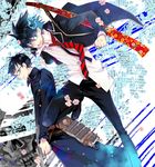  ao_no_exorcist black_hair blue_eyes blue_fire brothers fire flower glasses gun multiple_boys nechi774 necktie okumura_rin okumura_yukio open_mouth pointy_ears school_uniform sheath sheathed shirt siblings smile striped striped_neckwear weapon 