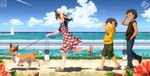  2boys aoi_sora_(pairan) bad_id bad_pixiv_id brown_eyes brown_hair cloud condensation_trail day dog dog_walking dress flower guard_rail hand_on_headwear hat hibiscus leash lighthouse multiple_boys ocean original pairan round_teeth running sandals sky smile teeth 