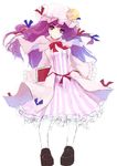  book bow crescent hat loafers nanahara_fuyuki pantyhose patchouli_knowledge purple_eyes purple_hair shoes solo standing striped touhou white_legwear 