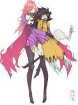  1boy 1girl absurdres animal_ears bare_shoulders black_gloves black_hair black_sclera blazblue blazblue:_central_fiction blazblue:_chronophantasma blazblue:_cross_tag_battle breasts cape cat cat_ears cat_tail claw_(weapon) claws cleavage eyepatch gloves highres jubei_(blazblue) konoe_a_mercury large_breasts long_hair madiblitz multiple_tails pink_hair red_eyes smile spiked_hair tail thighhighs weapon yellow_eyes 