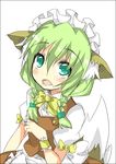  braid green_eyes green_hair kemonomimi kitsunemimi maid open_mouth saitou_kon shingetsu_takehito solo tail twin_braids 