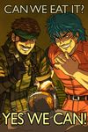  belt blue_hair brown_hair crossover drooling english eyepatch feriowind fingerless_gloves fork gloves grin guinea_pig headband knife load_bearing_equipment male_focus metal_gear_(series) metal_gear_solid metal_gear_solid_3 multiple_boys naked_snake rape_face saliva smile stabo_harness toriko toriko_(series) 