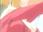  1boy 1girl animated animated_gif bible_black blonde_hair bouncing_breasts breasts earrings gif jewelry kiss kitami_reika large_breasts lowres nipples no_bra off_shoulder shirt_pull short_hair yamanishi_naoto 