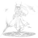  buchi_(artist) dress energy_wings fingerless_gloves full_body gloves greyscale hair_over_eyes hidden_eyes holding holding_weapon jacket long_skirt long_sleeves lyrical_nanoha magic_circle magical_girl mahou_shoujo_lyrical_nanoha_strikers monochrome open_clothes open_jacket polearm raising_heart shaded_face shoes simple_background skirt solo spear standing takamachi_nanoha twintails weapon white_background white_devil winged_shoes wings 