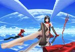  arm_support bag bangs barefoot black_hair black_legwear blue_sky breasts cloud darkmuleth day feet fingerless_gloves foreshortening full_body garter_straps gloves high_heels highres large_breasts long_hair looking_at_viewer no_shoes original parted_lips perspective pink_lips planet planted_sword planted_weapon red_eyes red_footwear red_gloves red_skirt reflection shoes shoes_removed single_thighhigh sitting skirt sky sleeveless solo space sword thighhighs thighhighs_removed underboob very_long_hair weapon zipper 