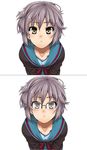  blush collarbone face glasses henkuma highres kita_high_school_uniform leaning_forward messy_hair nagato_yuki purple_hair school_uniform serafuku short_hair simple_background suzumiya_haruhi_no_yuuutsu yellow_eyes 