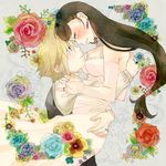  1girl bad_id bad_pixiv_id black_hair blonde_hair blue_eyes blush breasts cleavage closed_eyes cloud_strife dress earrings final_fantasy final_fantasy_vii flower hetero hug jewelry large_breasts long_hair low-tied_long_hair multicolored multicolored_rose pale_color pink_flower pink_rose purple_flower purple_rose red_flower red_rose rikoko rose smile tifa_lockhart yellow_flower yellow_rose 