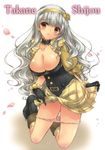  beyond_the_nobles blush boots breasts choker cleavage gloves hairband highres hotei_kazuha idolmaster idolmaster_(classic) kneeling large_breasts long_hair panties panty_pull petals shijou_takane silver_hair skirt skirt_lift solo underwear yellow_hairband 