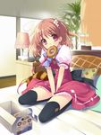  bed between_legs black_legwear box brown_hair clock doughnut flower flyable_heart food food_in_mouth hair_flower hair_ornament hand_between_legs highres inaba_yui itou_noiji lamp lampshade looking_at_viewer mouth_hold on_bed pillow red_eyes school_uniform short_hair sitting solo thighhighs tissue v_arms wariza window 
