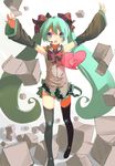  \o/ arms_up bad_id bad_pixiv_id blue_eyes bow bowtie box detached_sleeves fkey green_hair hair_bow hair_ribbon hatsune_miku headset heart jewelry long_hair open_mouth outstretched_arms ribbon ring skirt solo spread_arms thighhighs twintails very_long_hair vocaloid zettai_ryouiki 