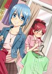  blue_eyes blue_hair blush casual dutch_angle fitting_room grin key long_hair mahou_shoujo_madoka_magica miki_sayaka multiple_girls ponytail red_eyes red_hair sakura_kyouko shop shopping short_hair smile susu_(susuhako) 