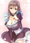  between_breasts breasts brown_eyes brown_hair choker cleavage corset covering covering_crotch frills garters gathers hand_on_own_chin large_breasts long_hair looking_at_viewer maid_headdress mashimaro open_mouth oretachi_ni_tsubasa_wa_nai plaid ribbon simple_background solo tamaizumi_hiyoko thighhighs waitress yellow_eyes 