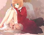  1girl axis_powers_hetalia back-to-back bad_id bad_pixiv_id barefoot blonde_hair blush brother_and_sister dress dress_lift feet frilled_dress frills green_eyes hair_ribbon legs liechtenstein_(hetalia) ribbon samako short_hair siblings single_sock sitting sock_pull socks striped striped_dress switzerland_(hetalia) 